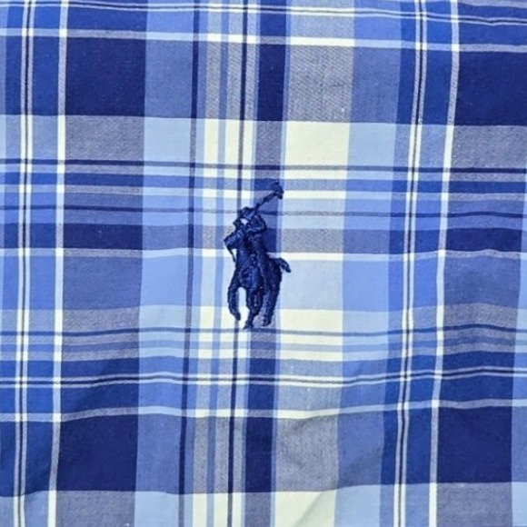 Ralph Lauren Plaid Button Down Blue Pony Logo Short Sleeve Blue White Mens Large - Picture 3 of 7
